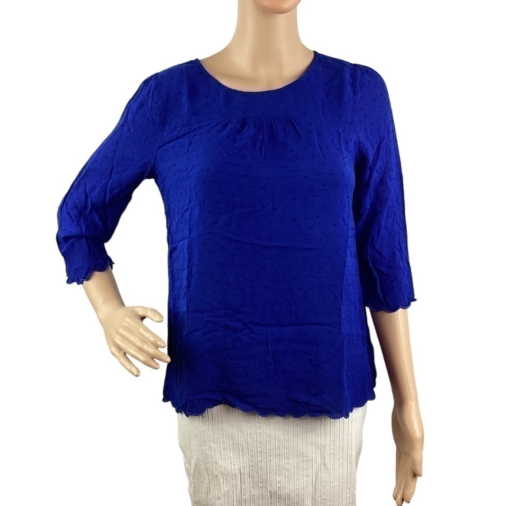 Anthropologie Maeve Emmaline Swiss Dot Top Size 4 Blue Scallop Hem